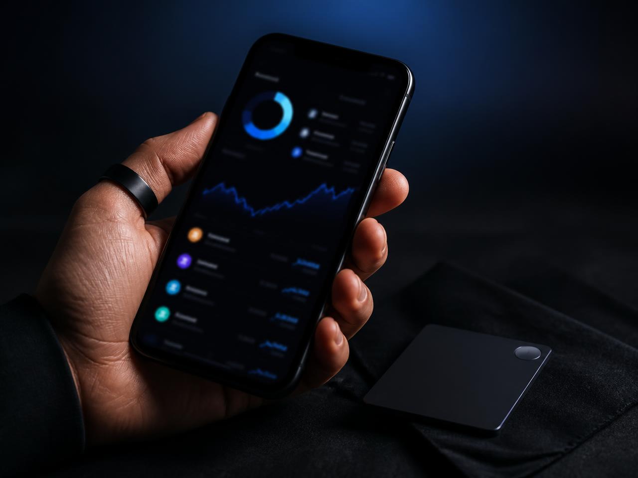 Hand holding a phone showing a Tangem wallet portfolio with a Tangem ring and card nearby